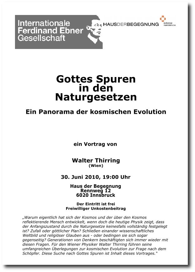 Walter Thirring: Gottes Spuren in den Naturgesetzen - Handzettel